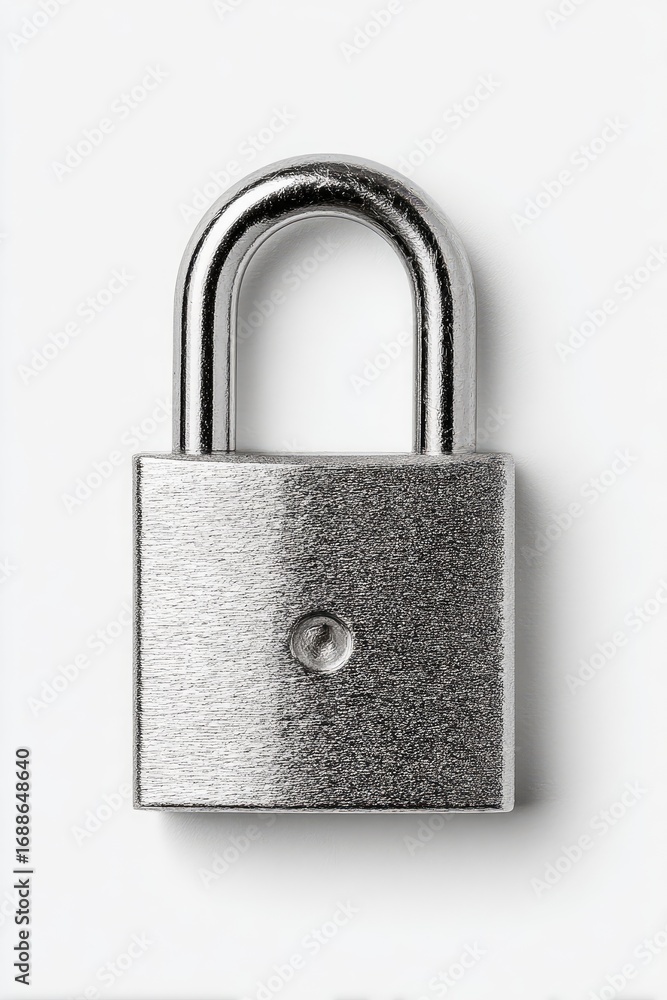 Fototapeta premium A shiny, metallic padlock with a slightly curved shackle, square body, and small keyhole sits on a plain white background