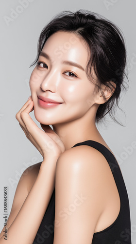 Smiling young Korean woman posing with natural beauty and glowing skin in studio setting