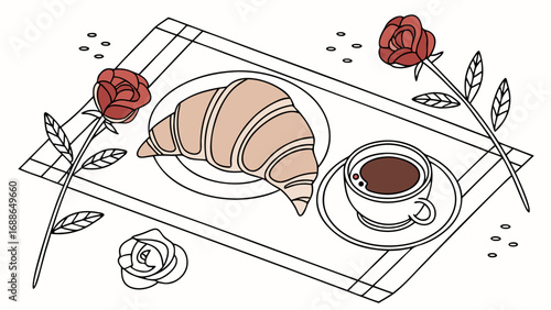 A delicious croissant and coffee served on a tray with delicate roses and scattered coffee beans