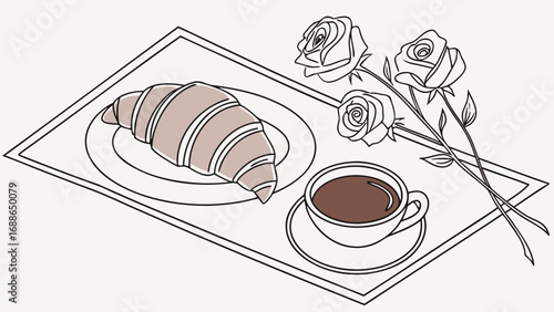 A simple line drawing illustration of a croissant with coffee and roses on a tray for breakfast or a snack