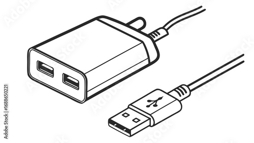 Clean line art illustration of a dual port usb wall charger adapter with a usb cable