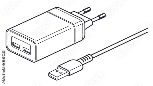 Clean line art illustration of a dual usb wall charger with a connected usb cable on a white background