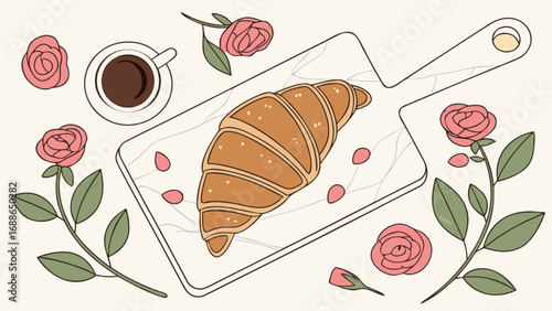 Delicate illustration of a croissant and coffee cup surrounded by pink roses and petals on a marble board