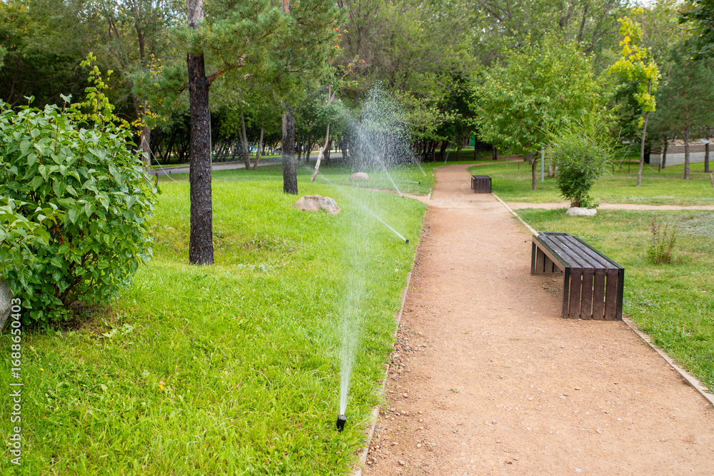 Obraz premium Sprinklers water the lush green grass in a peaceful park on a sunny day. Walkways lined with benches. renovation of urban environment