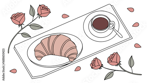 Elegant breakfast tray with croissant and coffee cup adorned with delicate pink roses and scattered petals