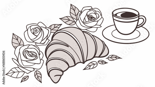 Elegant line art illustration of a croissant and coffee cup surrounded by delicate roses and leaves