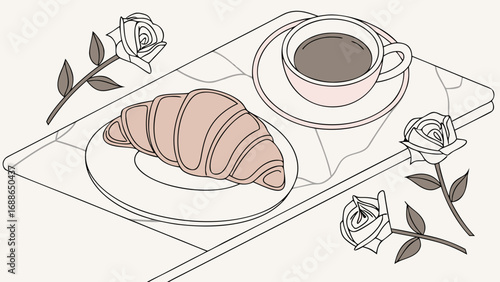 Elegant minimalist illustration of a croissant and coffee cup with roses on a marble tray