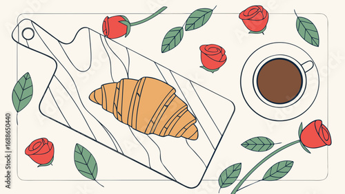 Flat lay illustration of a croissant on a wooden cutting board with coffee and red roses