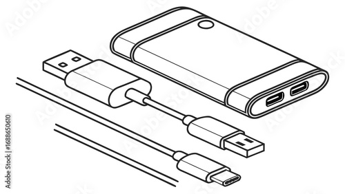 Isometric line art illustration of a portable power bank with usb and usb c cables for charging devices