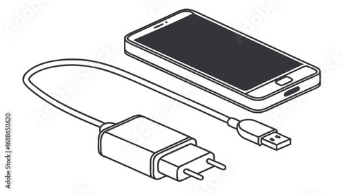 Isometric line art illustration of a smartphone and its usb charger with power adapter and cable