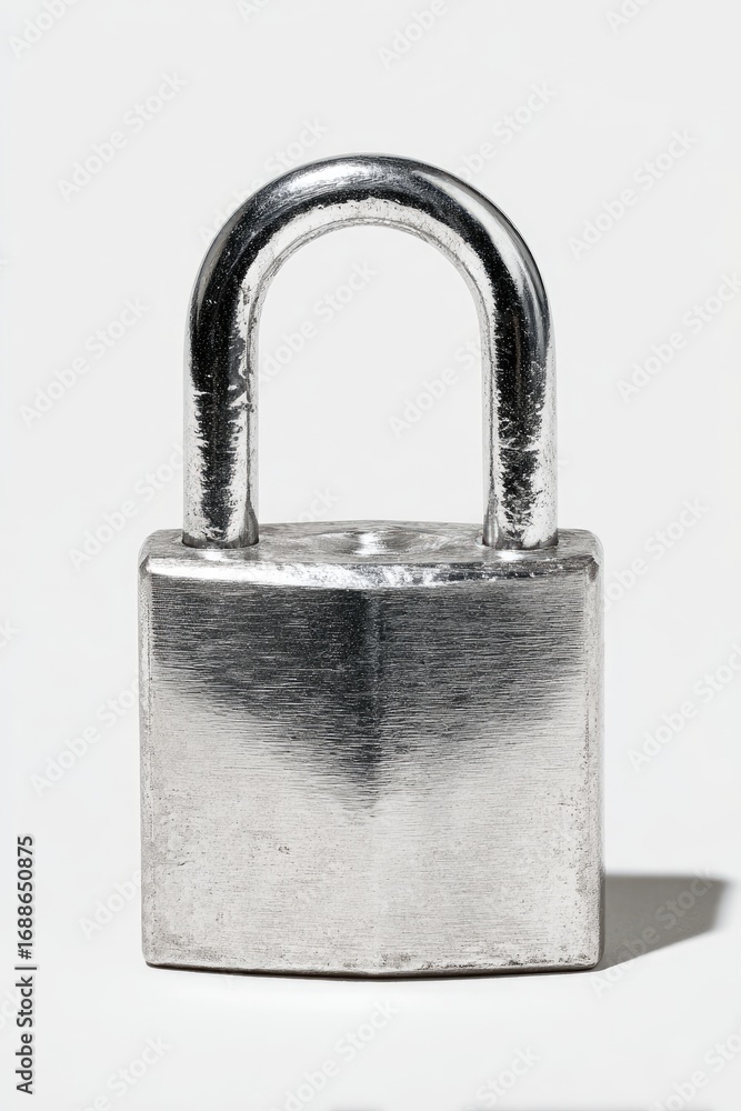Fototapeta premium A silver padlock, slightly worn, sits on a white background, casting a subtle shadow. Its simple, squared body and curved shackle suggest durability and security