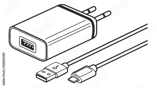 Line art illustration of a white usb wall charger adapter with a micro usb cable