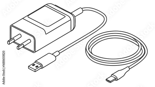 Line art illustration of a white usb c power adapter with a coiled cable and usb a connector