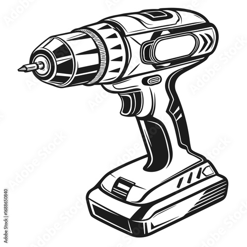 Modern cordless electric drill with a battery pack and chuck in a bold black and white illustration style