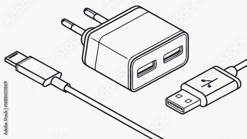 Modern dual port usb wall charger adapter with usb a and usb c cables for charging devices