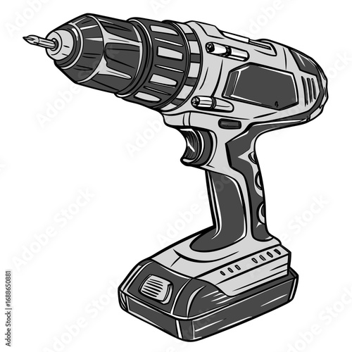 Modern cordless power drill with a sharp drill bit attached and a rechargeable battery pack