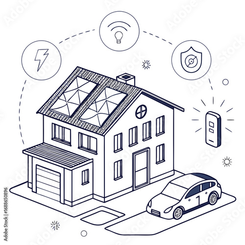 Modern smart home with solar panels electric car and connected devices for energy efficiency and security
