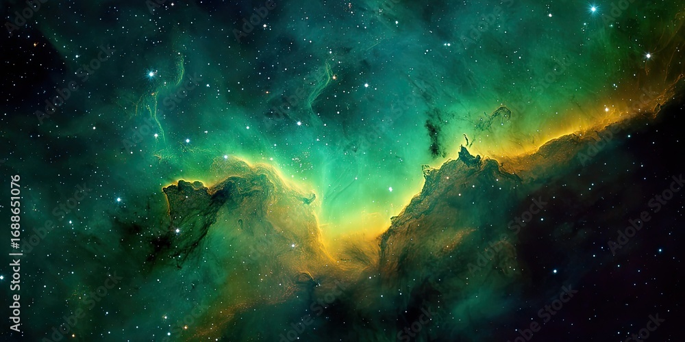 Obraz premium Astronomical Green and Yellow Nebula with Distant Galaxies - A vivid portrayal of a green and yellow nebula, surrounded by galaxies far in the distance