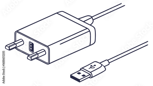 Simple line drawing illustration of a uk style power adapter with a usb cable and connector