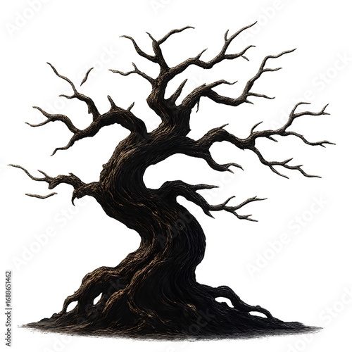 Gnarled ancient spooky dead tree with twisted branches and rough bark isolated on transparent background