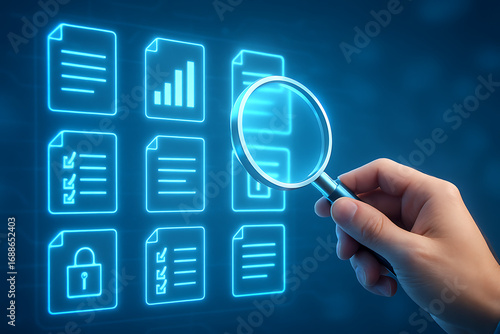 magnifying glass icon for searching a document and finding important data or information, digital file management system on screen