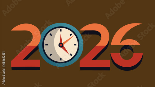 Illustration of a clock striking midnight with the year 2026 prominently displayed symbolizing a new beginning or celebration