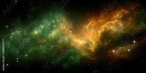 Astronomical Green and Yellow Nebula with Distant Galaxies - A vivid portrayal of a green and yellow nebula, surrounded by galaxies far in the distance