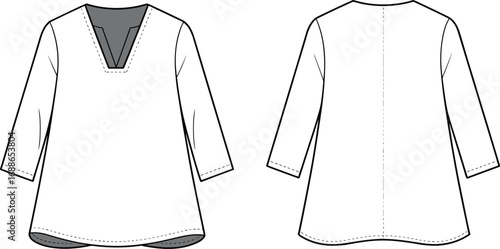 V-neck tunic top flat sketch with 3/4 sleeves, front and back CAD drawing vector fashion illustration for garment design