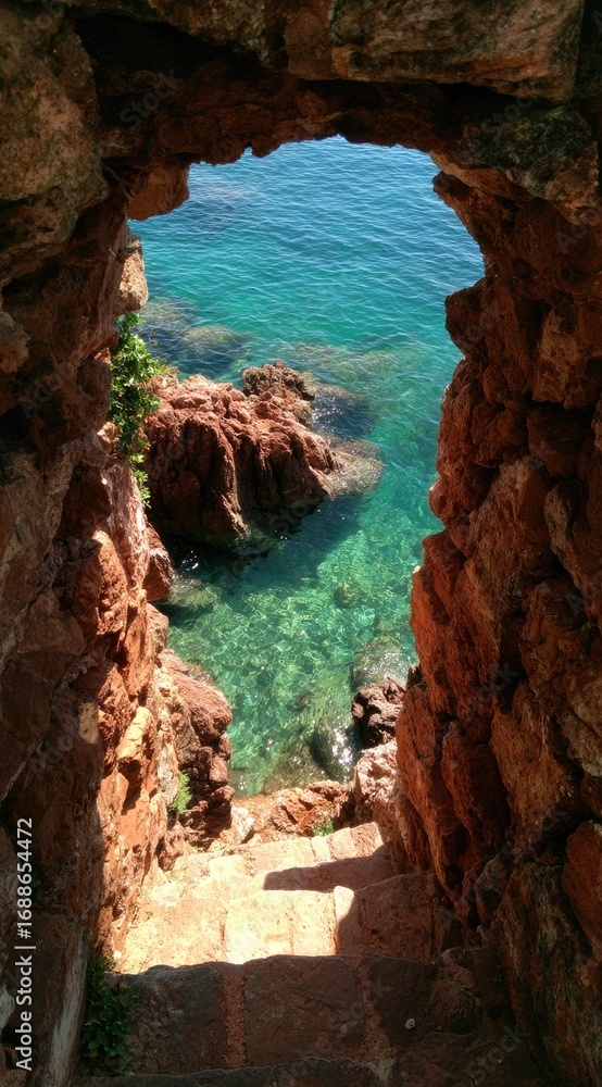 Fototapeta premium A stone archway frames a view of turquoise sea, rocks, and steps descending downwards. Sunlight illuminates the scene, creating a sense of peace