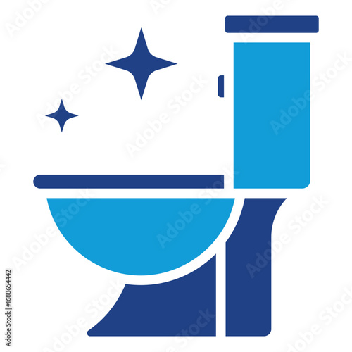Toilet Glyph Blue Silhouette Icon Design Vector - Toilet bowl with sparkles symbolizing bathroom, sanitation, daily hygiene, and water usage