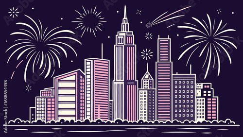 Vibrant city skyline illuminated by dazzling fireworks celebrating the year 2026 with a festive atmosphere