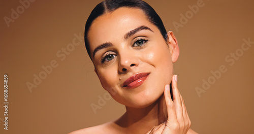 Photos Portrait, skincare and beauty of female model on a brown background for cosmetics and dermatology