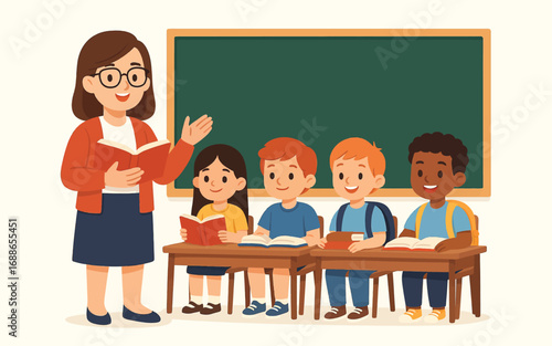 Flat back to school illustration with students in classroom