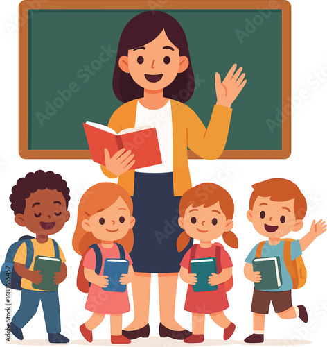 Flat back to school illustration with students in classroom