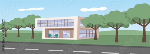Modern Building in a Green Landscape. Home beside main road. Modern suburban house.