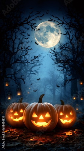 Spooky Halloween night with three carved pumpkins illuminating dark forest with full moon in background and flying bats