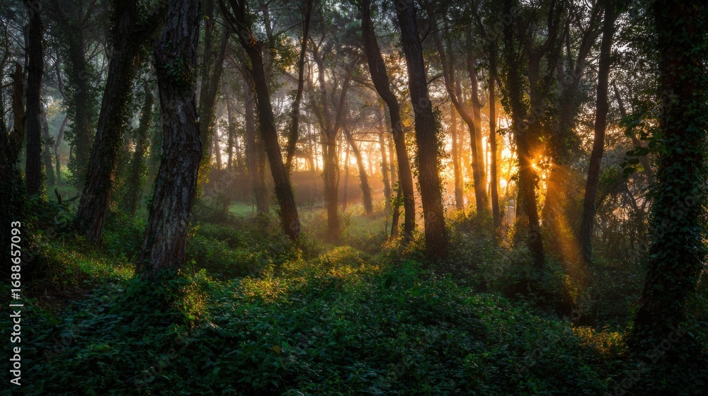 Fototapeta premium Soft light streams through tall trees in a peaceful forest, illuminating lush greenery and creating a serene atmosphere just after sunrise.