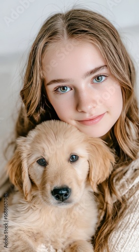 A young girl with light brown hair smiles, holding a small, light brown puppy close to her face in a warm, indoor setting