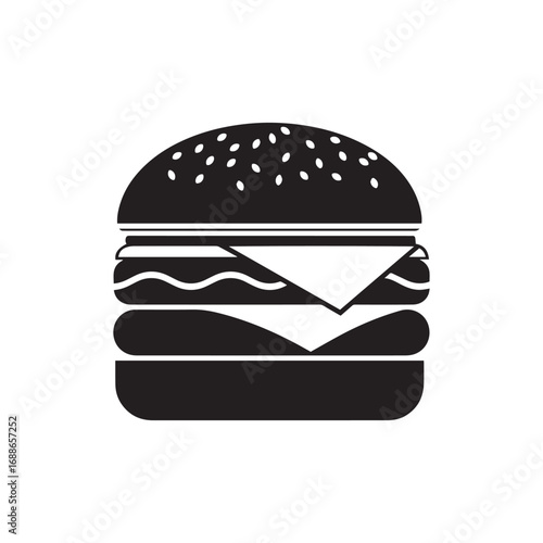 Monochrome vector icon of a classic American cheeseburger. This flat design silhouette is ideal for restaurant menus, food delivery apps, and fast food branding