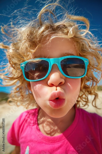 A young child with blonde curly hair and blue sunglasses puckers lips playfully at the camera against a bright blue sky and sandy background