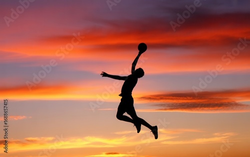 Wallpaper Mural Dynamic basketball player silhouette soaring against vibrant sunset sky, capturing pure athletic freedom. Torontodigital.ca