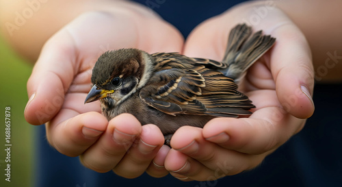 Close up of a small bird gently held in human hands