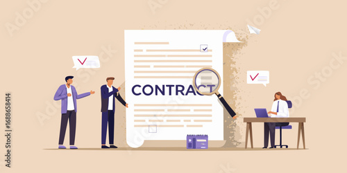 Business professionals reviewing a contract document with a magnifying glass and a woman working on a laptop