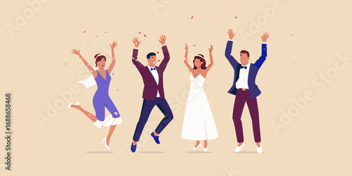 Joyful wedding party celebrating with confetti and raised hands in a festive atmosphere