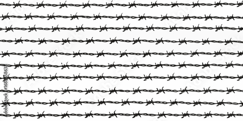 Seamless pattern of black barbed wire against a white background creating a textured fence line