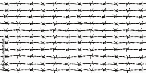 A repeating pattern of sharp barbed wire strands against a stark white background