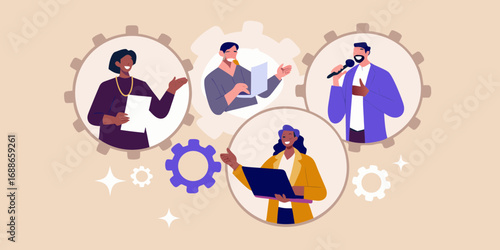 Diverse team of professionals collaborating and presenting ideas within a gear mechanism symbolizing teamwork and synergy