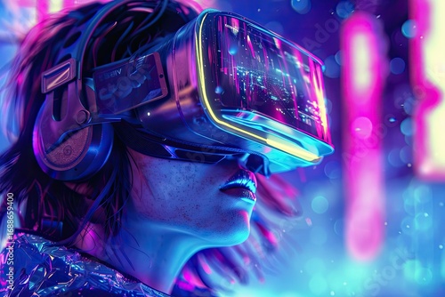 High Definition Picture of Woman in Vr Glasses in Neon Space Digital Art