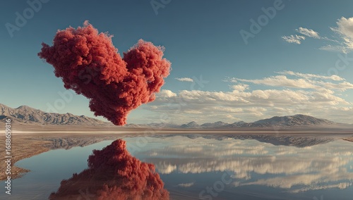 Heart-shaped cloud over desert lake