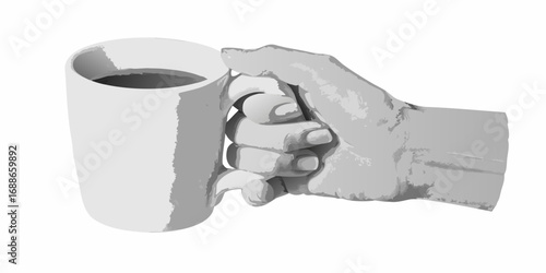 Close up of a hand holding a white mug filled with dark liquid on a white background